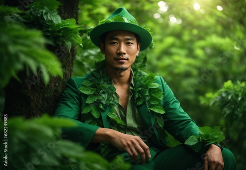 Asian men sit in top of tree, wearing green leaf costume and hat, tree on the background