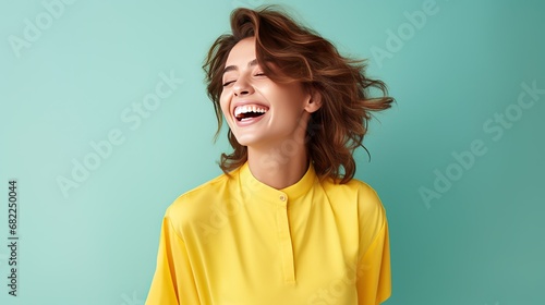Happy fashion smiling girl with bright clothing in solid light background with AI