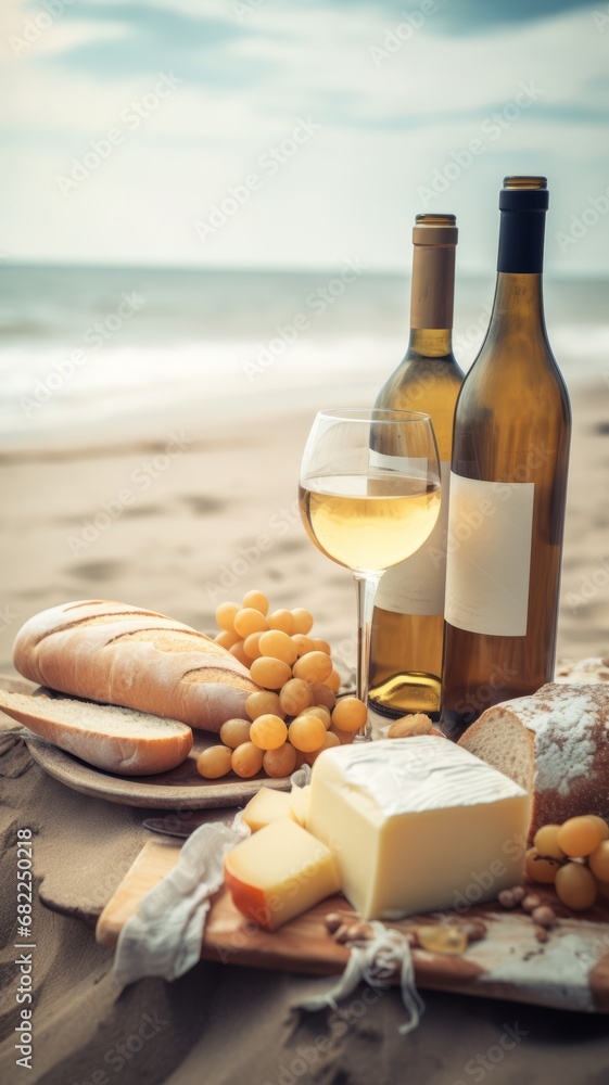 Naklejka premium Picnic with two wineglasses with white wine and bottle, bread, cheese, grapes on beautiful sea sand beach.