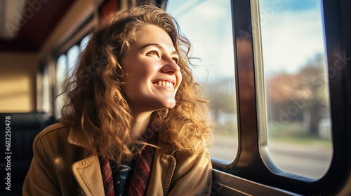 Happy smiling woman looks out of the window traveling by train on with AI