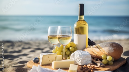 Picnic with two wineglasses with white wine and bottle, bread, cheese, grapes on beautiful sea sand beach.
