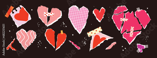 Collage art with vintage paper hearts torn elements set. Happy valentine's day concept for greeting cards, poster. Trendy Vector illustration.