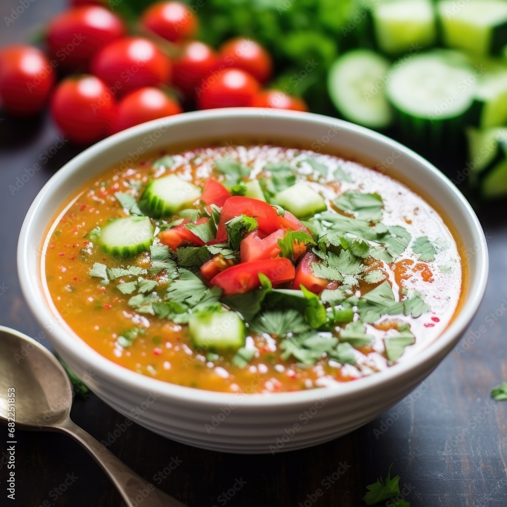 light and refreshing gazpacho soup with bright red tomatoes, crisp cucumbers, and of olive oil light and refreshing gazpacho soup with bright red tomatoes, crisp cucumbers, and of olive oil