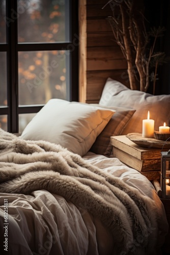 A cozy bed with fluffy blankets and pillows is visible in a warm and inviting bedroom