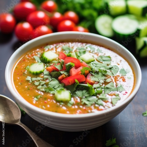 light and refreshing gazpacho soup with bright red tomatoes, crisp cucumbers, and of olive oil