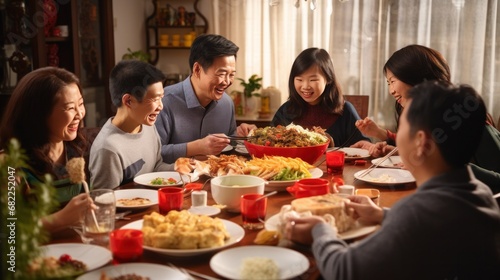 A family gathered around a table  enjoying a traditional Chinese New Year feast featuring dumplings