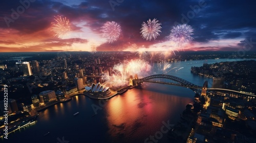 A breathtaking aerial shot of fireworks exploding over a city or landscape