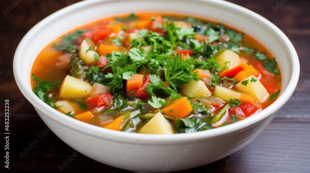 A hearty and healthy vegetable soup with chunks of colorful veggies and sprig of fresh herbs on top A hearty and healthy vegetable soup with chunks of colorful veggies and sprig of fresh herbs on top