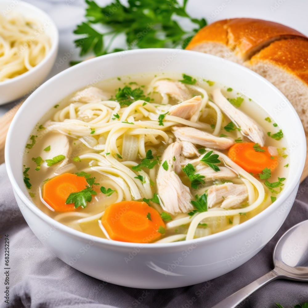A classic chicken noodle soup with tender chunks of chicken A classic chicken noodle soup with tender chunks of chicken