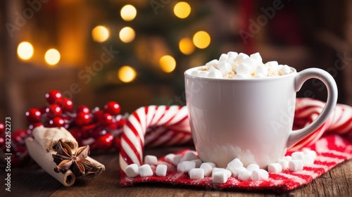 a cup of hot cocoa with marshmallows and a candy cane,