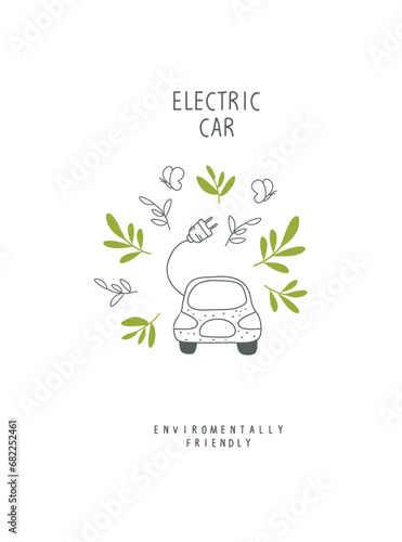 Vector illustration of Environmentally friendly planet. Green sprouts leaves and a sketch of elecrtic car. Think Green. Alternative energy concept.
 
