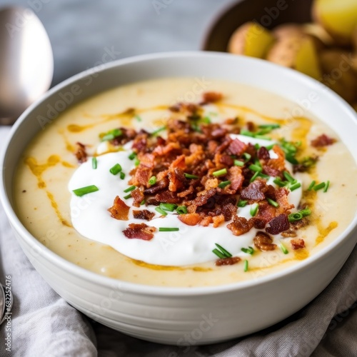 A creamy and comforting potato soup with bits of crispy bacon and a dollop of sour cream on top