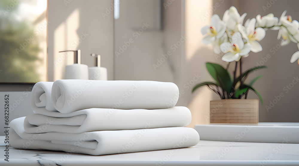 white towels on marble counter in bathroom ai generative white towels on marble counter in bathroom ai generative