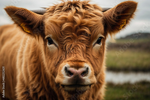 A charming highland cow calf, close up of a calf, portrait of a cow