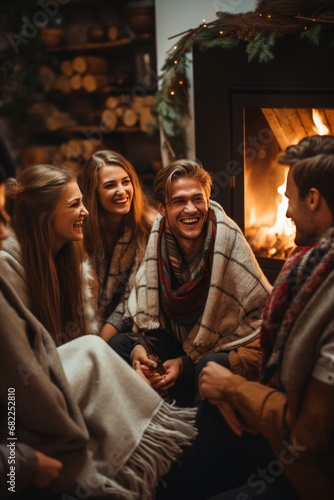 A group of friends gather around a fireplace, wrapped in blankets and enjoying a hot beverage