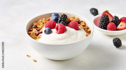 A bowl of Greek yogurt topped with granola, mixed berries, and a drizzle of honey