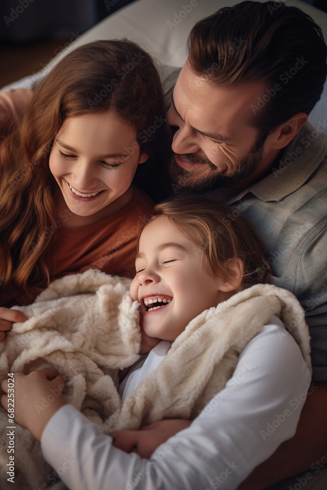 A mother, father, and their two children cuddled up on a fluffy blanket A mother, father, and their two children cuddled up on a fluffy blanket