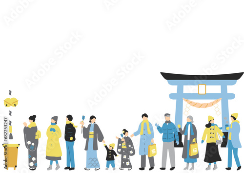 初詣の列に並ぶ人達