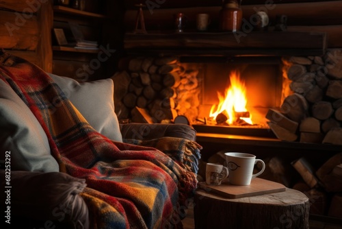 A cozy cabin interior with a roaring fireplace, soft blankets, and a hot cup of tea
