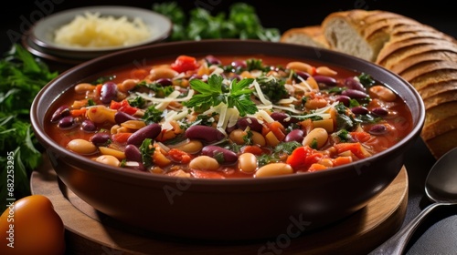 A colorful and hearty minestrone soup with a variety of vegetables, beans, and pasta
