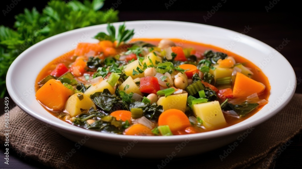 A hearty and healthy vegetable soup with chunks of colorful veggies and sprig of fresh herbs on top A hearty and healthy vegetable soup with chunks of colorful veggies and sprig of fresh herbs on top