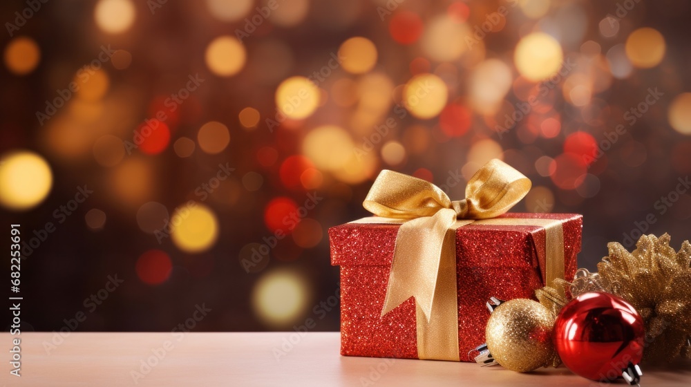 A festive Christmas scene with a red and gold present wrapped in ribbon.