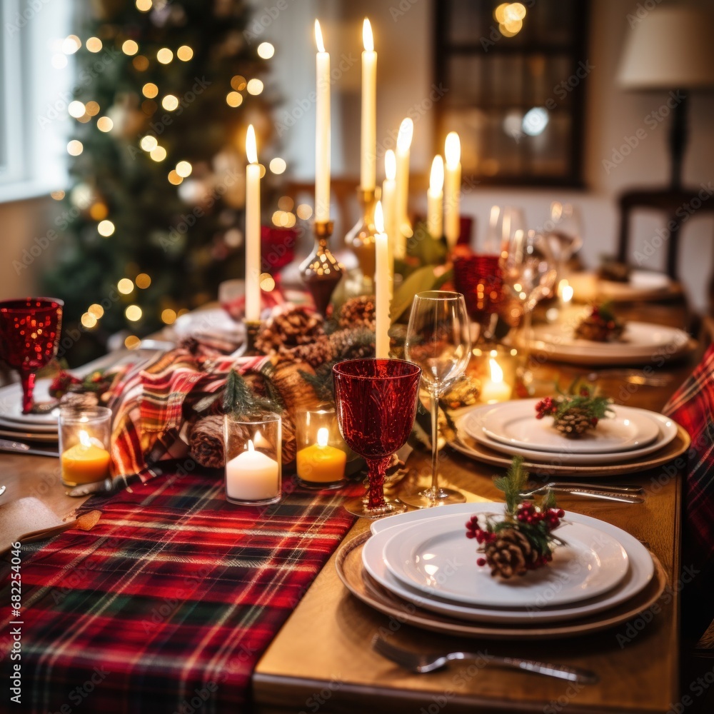 A festive Christmas table setting with red and gold accents A festive Christmas table setting with red and gold accents