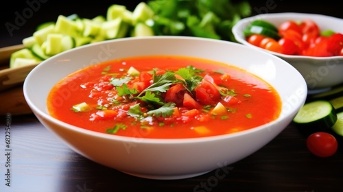 light and refreshing gazpacho soup with bright red tomatoes, crisp cucumbers, and of olive oil