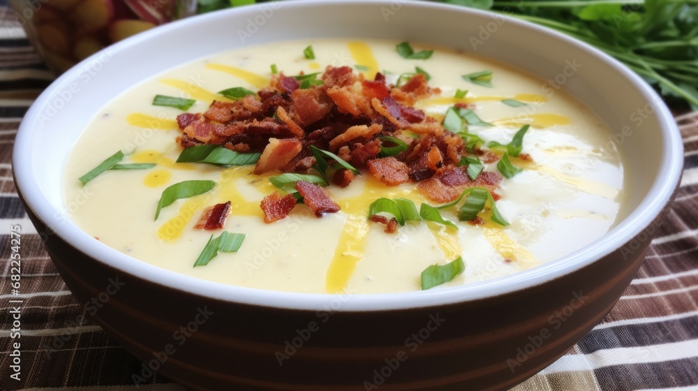 A creamy and comforting potato soup with bits of crispy bacon and a dollop of sour cream on top A creamy and comforting potato soup with bits of crispy bacon and a dollop of sour cream on top