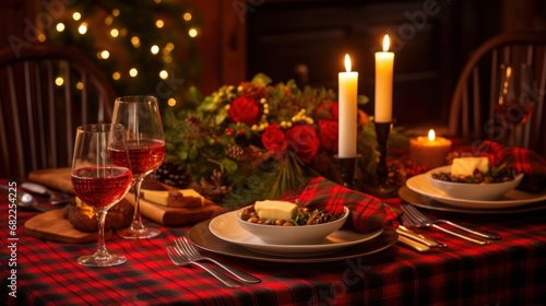 A festive Christmas table setting with red and gold accents