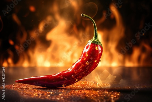 Red chili pepper close-up in a burning flame on a black photo