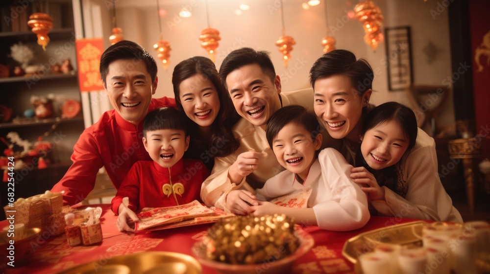 Chinese New Year card surrounded by a joyous family, symbolizing unity, love, and prosperity