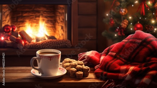 A cozy Christmas scene with a plaid blanket, a mug of hot cocoa, and a plate of Christmas cookies