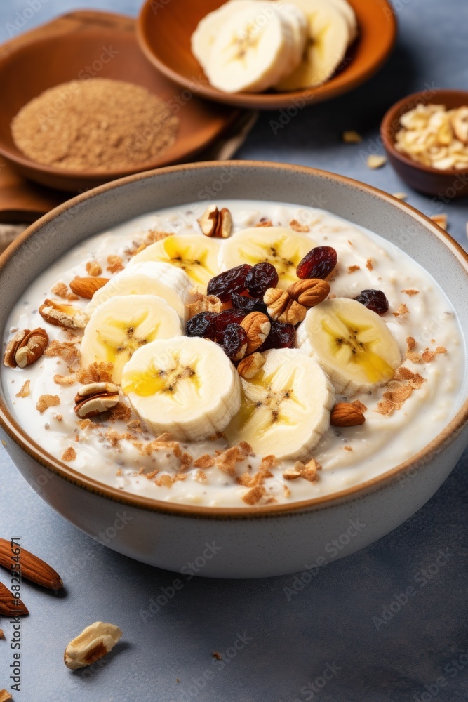 A bowl of creamy oatmeal with sliced banana, honey, and chopped walnuts A bowl of creamy oatmeal with sliced banana, honey, and chopped walnuts