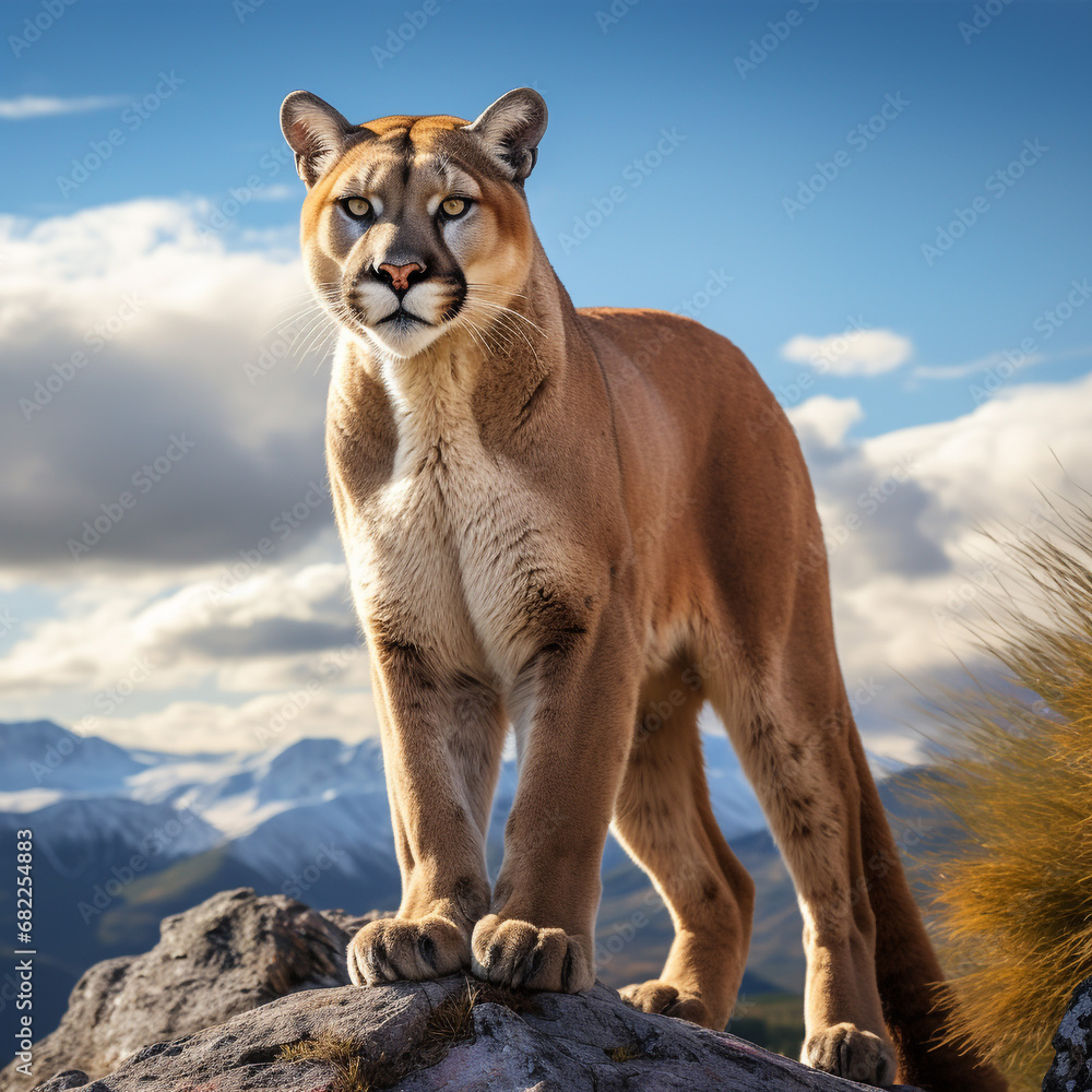 Obraz premium The puma stands proudly in Patagonia. detailed. cinematic. Unusual background. Beautiful nature.