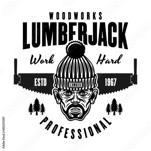 Lumberjack head in knitted hat and saw vector emblem in vintage monochrome style isolated on white background