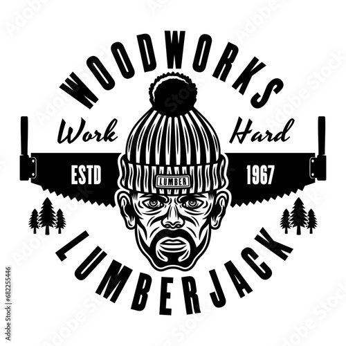 Lumberjack head in knitted hat and saw vector emblem in vintage monochrome style isolated on white background
