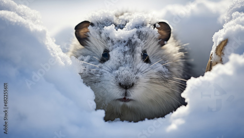 A lemming looking around in the white snow of the tundra with only its face exposed.