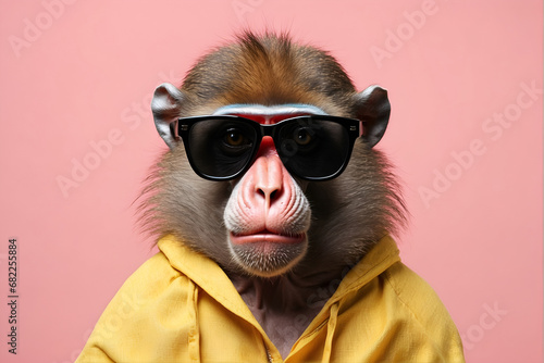 Creative animal concept, Mandrill in sunglasses, solid pink pastel background, commercial, editorial advertisement. Very funny portrait
