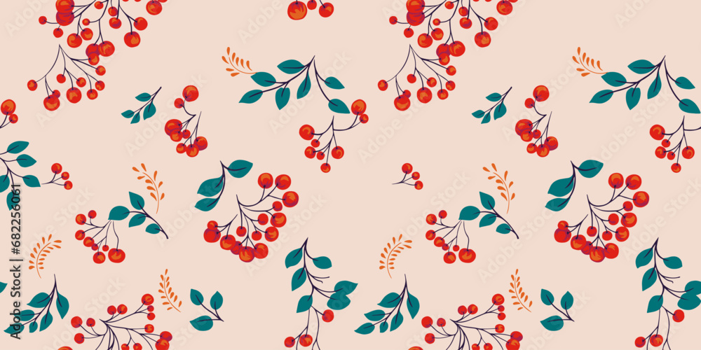 Seamless pattern with abstract, colorful berry bouquets on a beige background. Creative, stylized. Juniper, boxwood, viburnum, barberry. Botanical illustration print. Vector drawn hand sketch. Seamless pattern with abstract, colorful berry bouquets on a beige background. Creative, stylized. Juniper, boxwood, viburnum, barberry. Botanical illustration print. Vector drawn hand sketch.