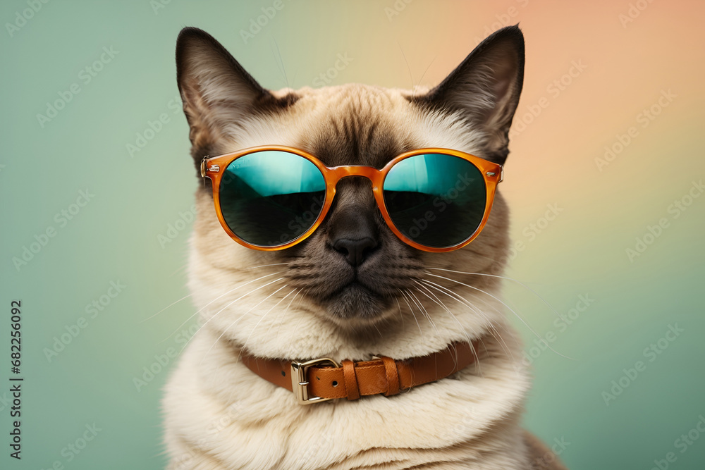 Cool animal concept, Funny Siamese cat in sunglasses, solid pastel background, commercial, editorial advertisement. 