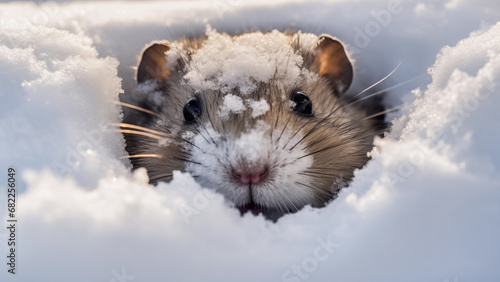 A lemming looking around in the white snow of the tundra with only its face exposed. photo