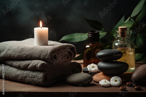 Towel on fern with candles and black hot stone on wooden background. Beauty spa