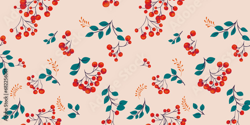 Seamless pattern with abstract, colorful berry bouquets on a beige background. Creative, stylized. Juniper, boxwood, viburnum, barberry. Botanical illustration print. Vector drawn hand sketch.
