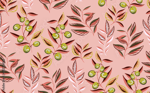 Creative olive branch, olive berries, leaves seamless pattern. Modern, stylized, colorful, simple beige leaf print. Vector hand drawn sketch. Template for design, fashion, fabric, wallpaper, textile
