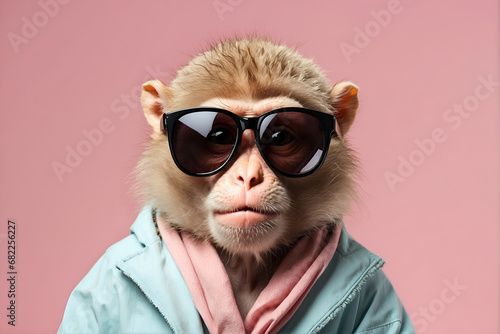 Snow monkey in sunglasses, Creative animal concept, solid pink pastel background, commercial, editorial advertisement. Very funny portrait