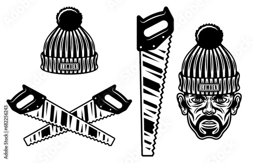 Lumberjack set of vector objects or design elements isolated on white background