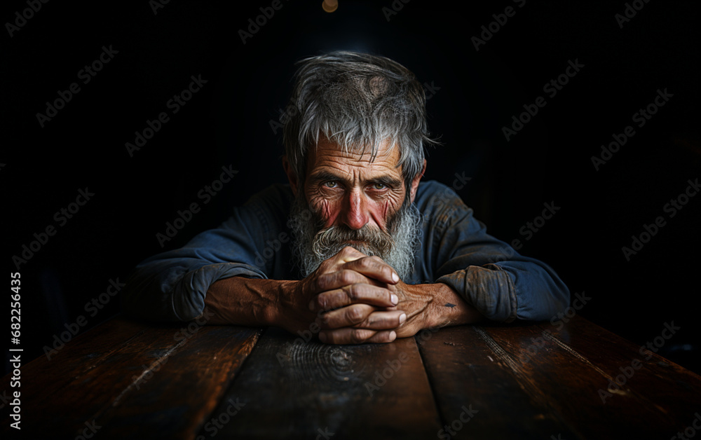 stary mężczyzna z brodą, wąsami, pomarszczoną twarzą zmęczony, poważny siedzi przy stole trzymając razem dłonie - obrazy, fototapety, plakaty 