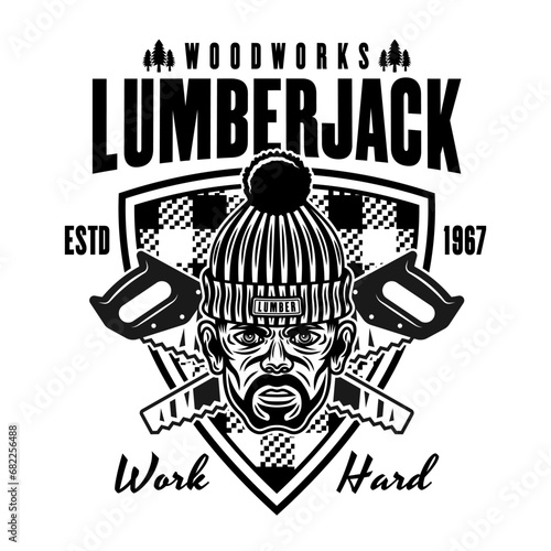 Lumberjack head in knitted hat and saw vector emblem in vintage monochrome style isolated on white background