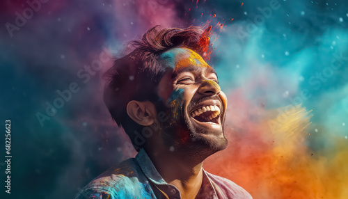 Portrait of a man in the dust of paints smiling , happy holi indian concept
